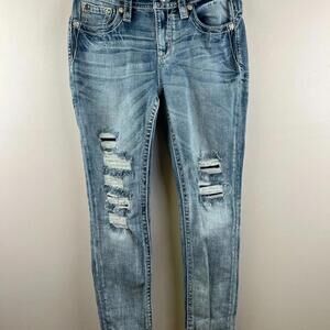 Miss Me Jeans 28 Mid Rise Ankle Skinny Distressed Embroidered Aztec Pockets WMNS